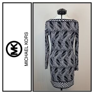 Michael Michael Kors Navy and White Abstract Print Long Sleeve Dress Small